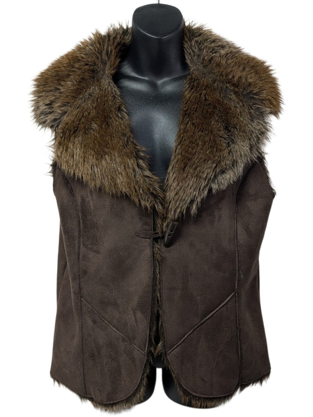 Fever Women's Brown Toggle Vest Brown Faux Fur Trim Lined Sleeveless Size L
